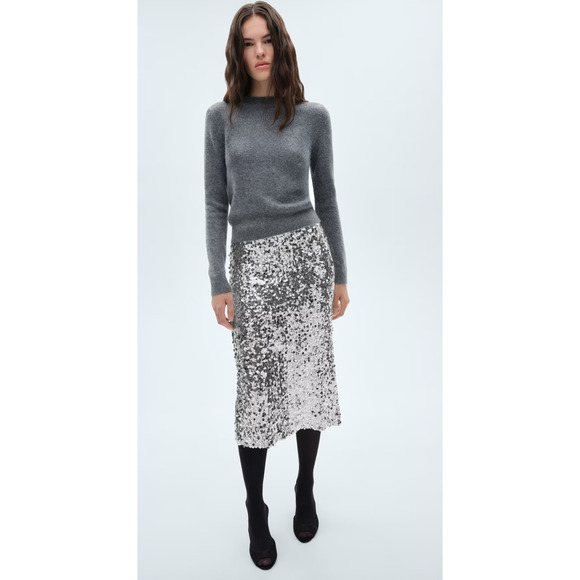 NEW MANGO MNG SILVER SEQUIN MIDI SKIRT PARTY HOLIDAY SZ S - Picture 1 of 8